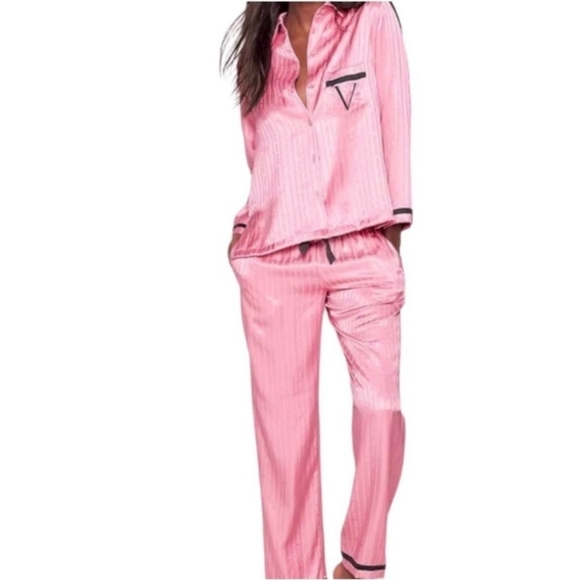 VS Satin Long Sleeve Button Up Pajama Set Black V Embroidery & Pink Pinstripe - Picture 6 of 10